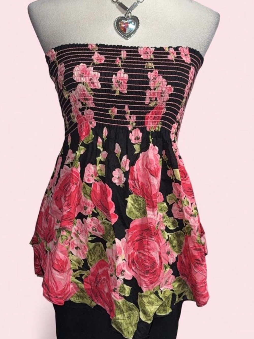 Angie Black Strapless Tank with Pink Floral Print